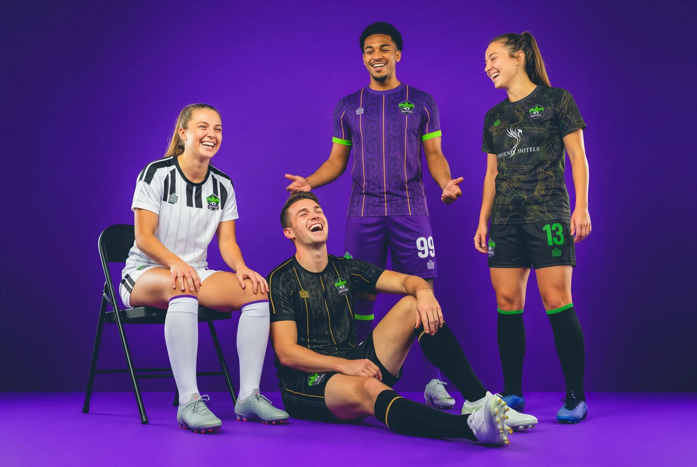 Five models presenting the complete New Orleans Jesters collection